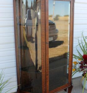 Quartersawn Carved Oak Curved Glass China Display Cabinet Bevel Mirror Antique