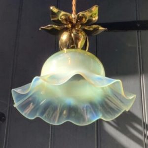 Arts & Crafts Art Nouveau Brass Ceiling Pendant Lamp With Vaseline Shade