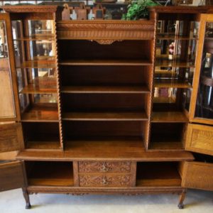 Antique 2Pc Claw Foot Tiger Oak Double China Bookcase Display Cabinet w Carvings
