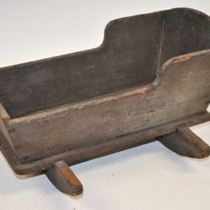 Antique Wood Doll Rocking Cradle, 1800s, Grayish Blue Dry Paint.