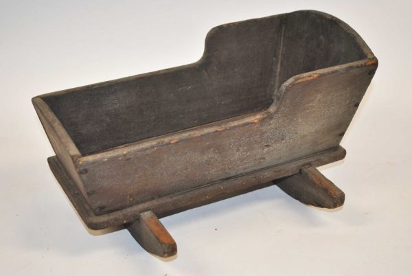 Antique Wood Doll Rocking Cradle, 1800s, Grayish Blue Dry Paint.