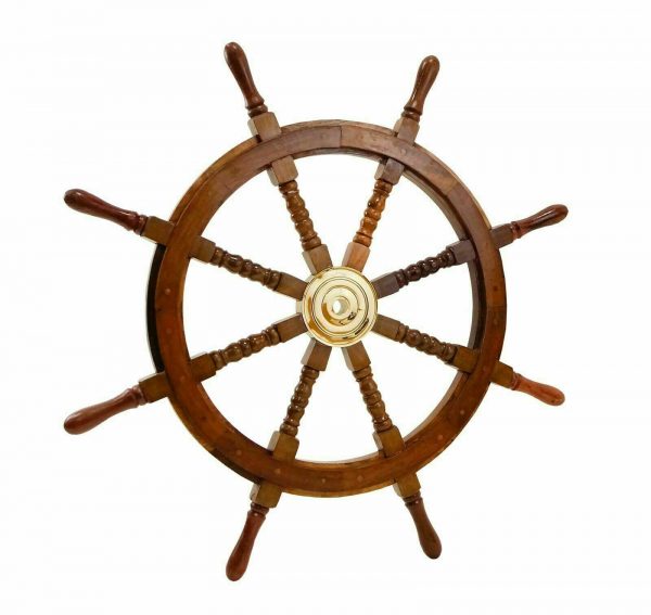 36 Inch Big Ship Steering Wheel Wooden Antique Teak Brass Nautical Pirate Ship's